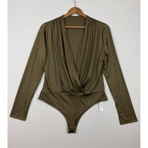 New LYANER Bodysuit Long Sleeve Wrap Front Ruched V-Neck Size XL Green Brown NWT